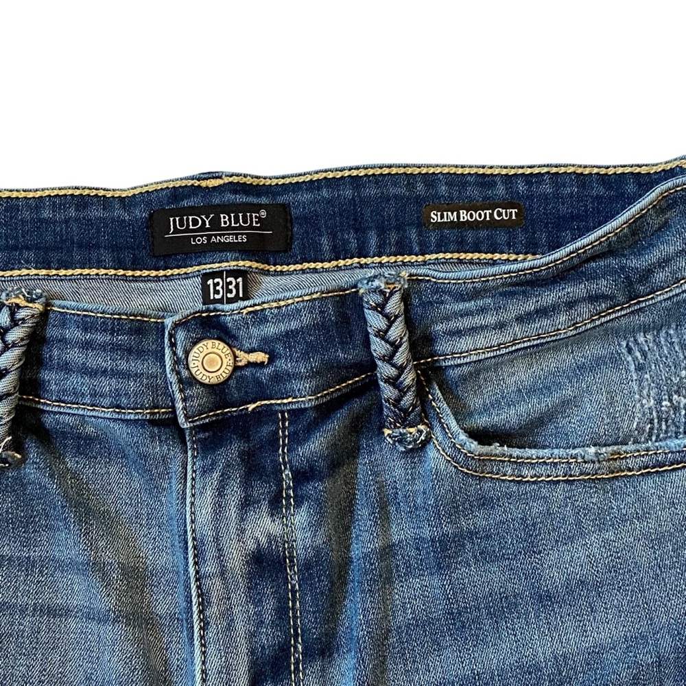 JUDY BLUE Slim Boot Cut Jeans Braided Belt Loops Lightly Distressed Womens 13/31 - Picture 5 of 14